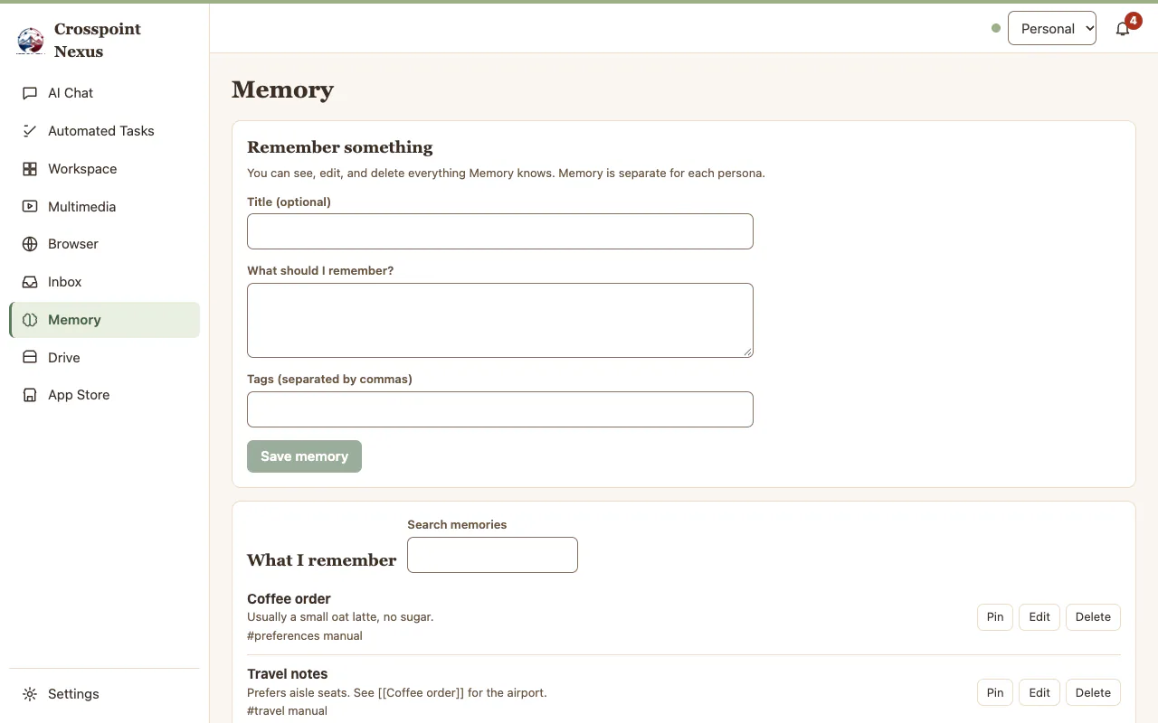 The Memory screen. A form adds something to remember with a title, text, and tags, above a searchable list headed What I remember.