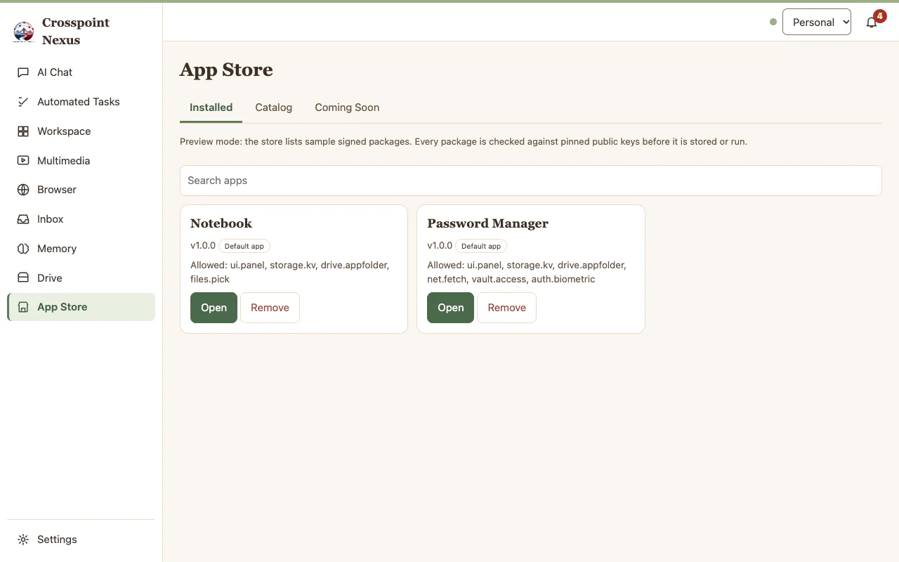The App Store screen on the Installed tab, listing two installed apps, Notebook and Password Manager, each with Open and Remove buttons. Catalog and Coming Soon tabs sit alongside.