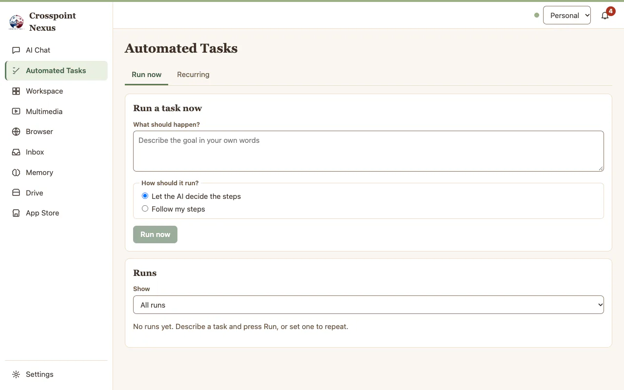 The Automated Tasks screen on the Run now tab. Run now and Recurring tabs sit above a form that asks what should happen and whether the AI decides the steps or follows yours, with a Runs list below.